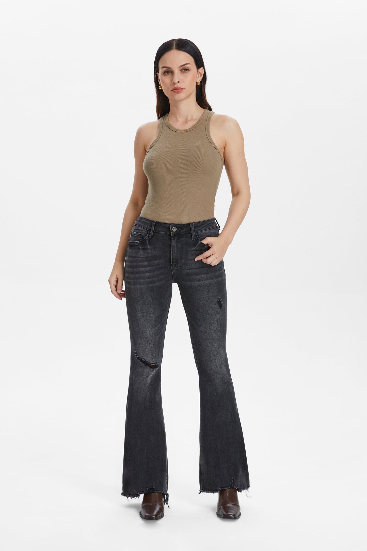 MID RISE FLARE JEANS WITH RAW EDGE HEM BYF1018-1 BLACK ICE