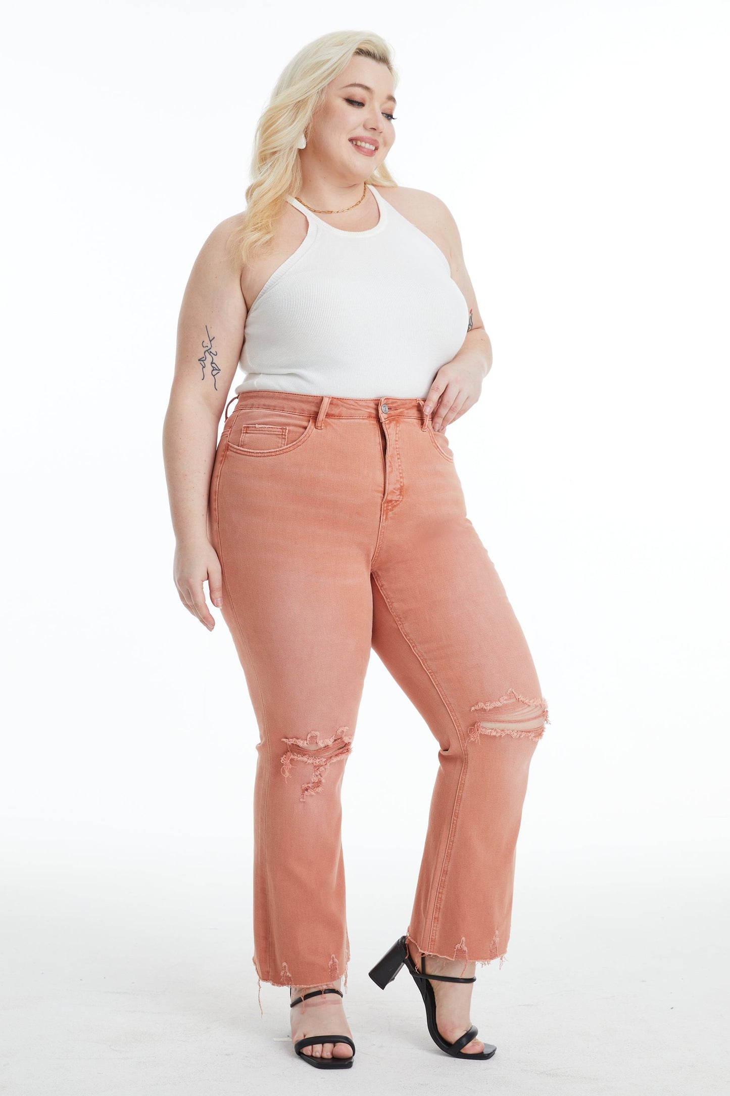 EMILY HIGH RISE DISTRESSED FLARE PANTS BYF1077-P SALMON PLUS SIZE