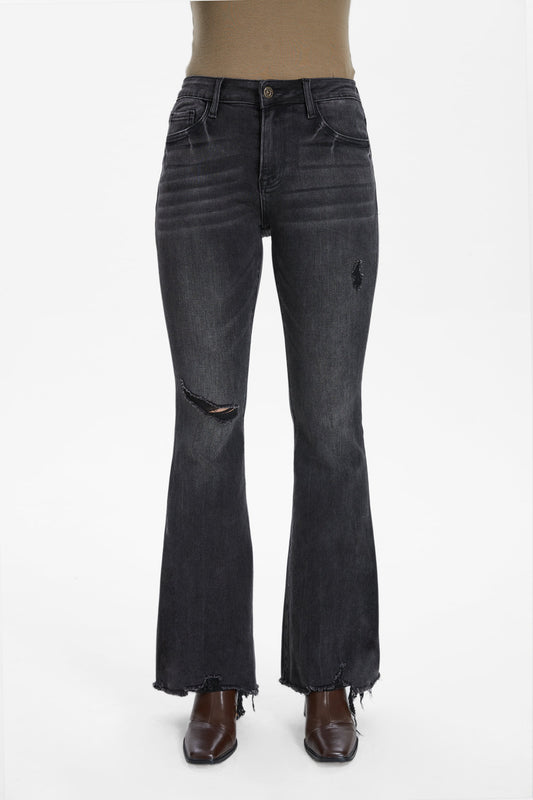 MID RISE FLARE JEANS WITH RAW EDGE HEM BYF1018-1 BLACK ICE