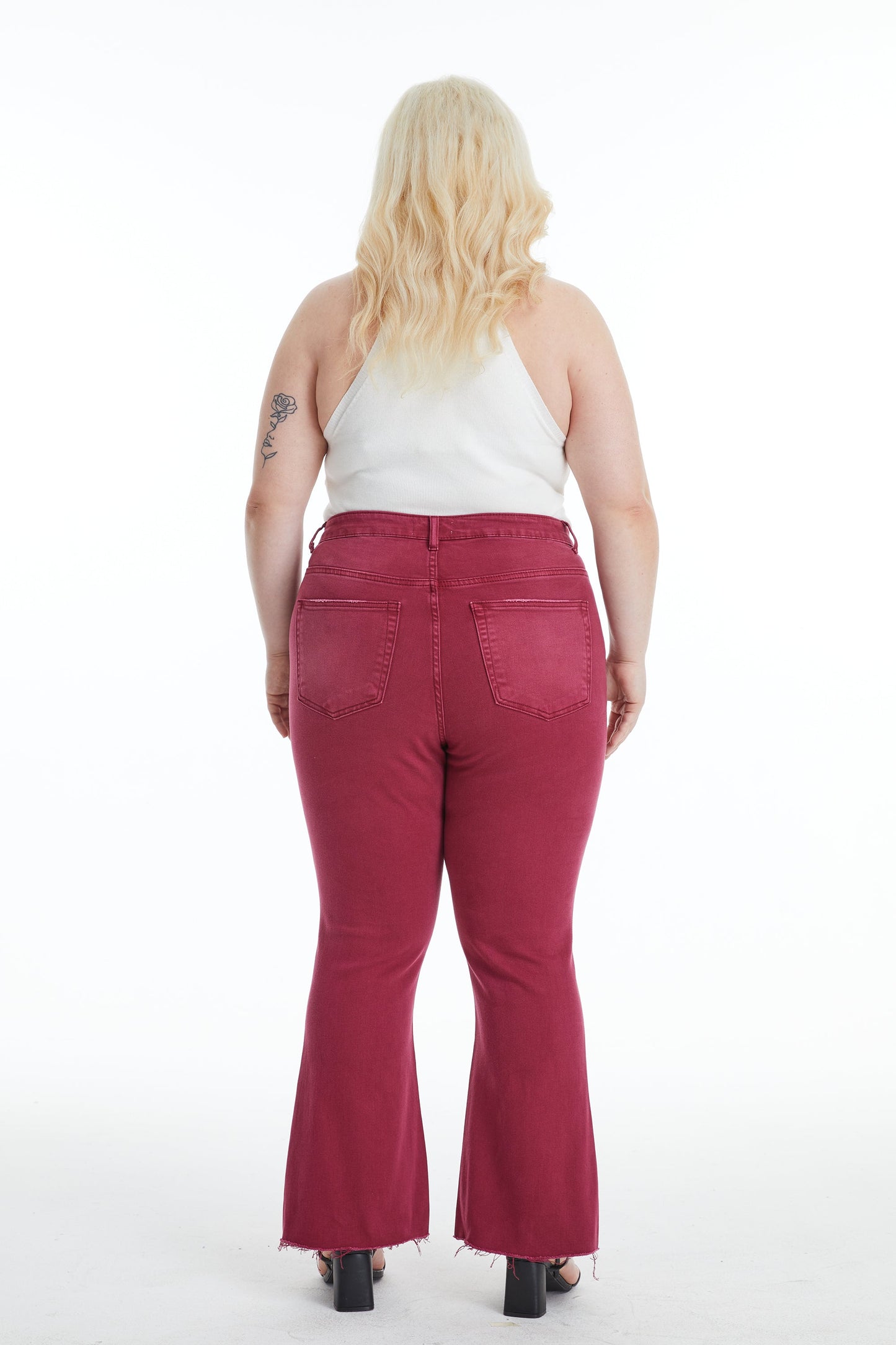 EMILY HIGH RISE DISTRESSED FLARE PANTS BYF1077-P WINE PLUS SIZE