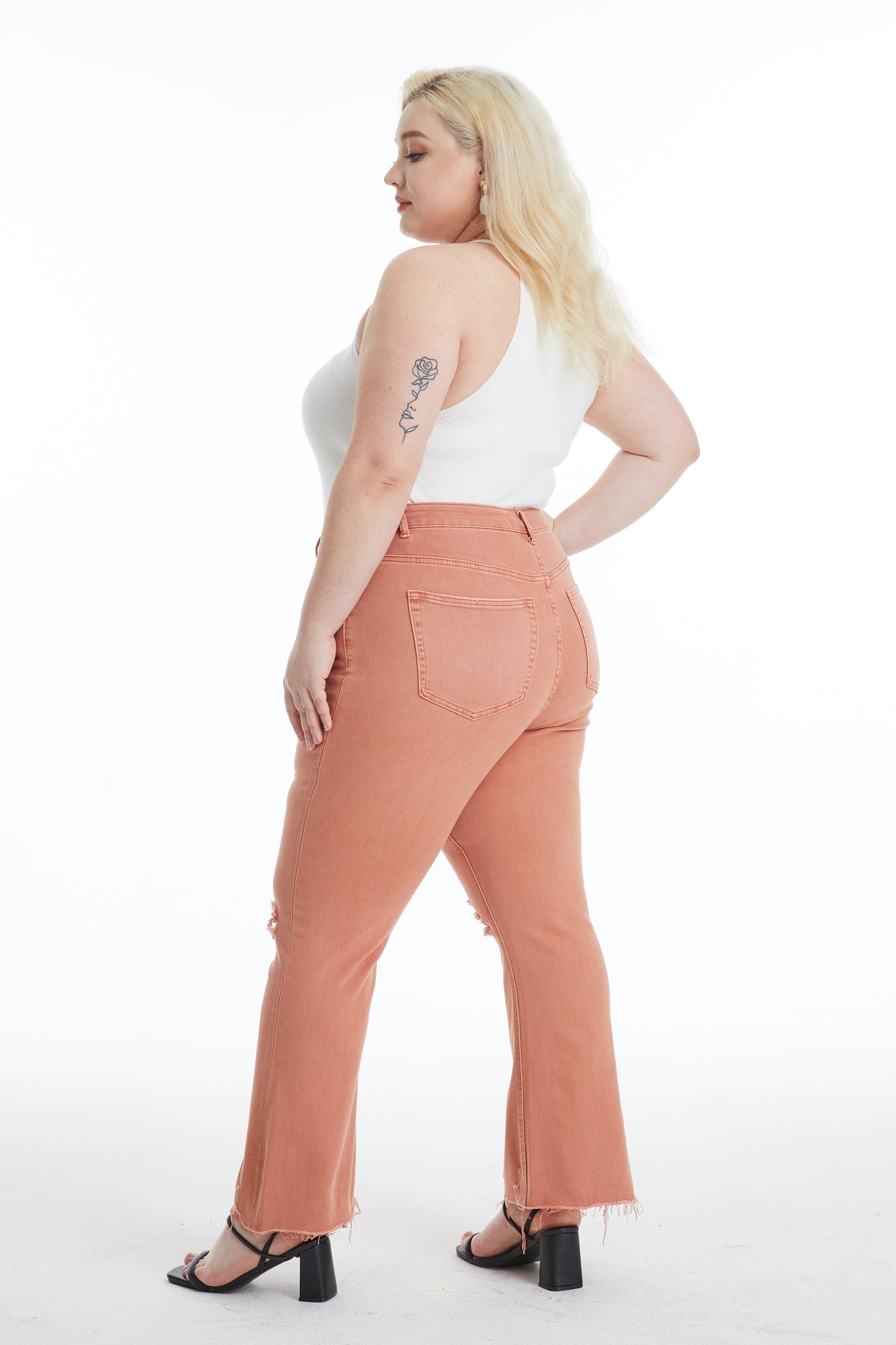 EMILY HIGH RISE DISTRESSED FLARE PANTS BYF1077-P SALMON PLUS SIZE