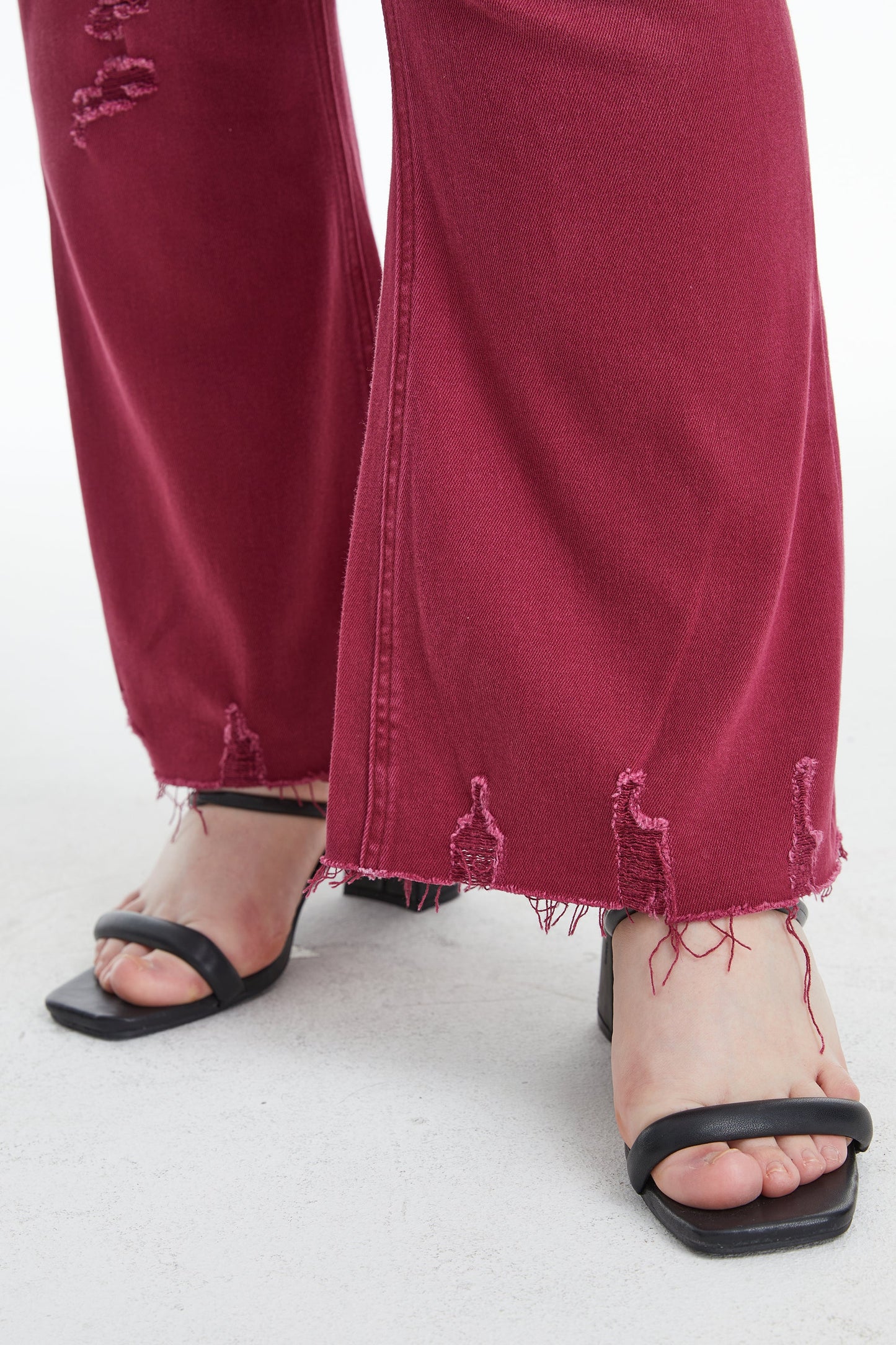EMILY HIGH RISE DISTRESSED FLARE PANTS BYF1077-P WINE PLUS SIZE
