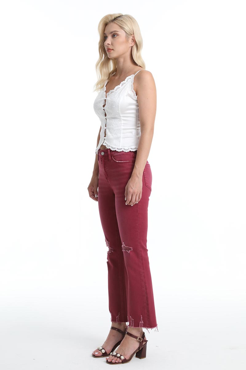 EMILY HIGH RISE DISTRESSED FLARE PANTS BYF1077 WINE