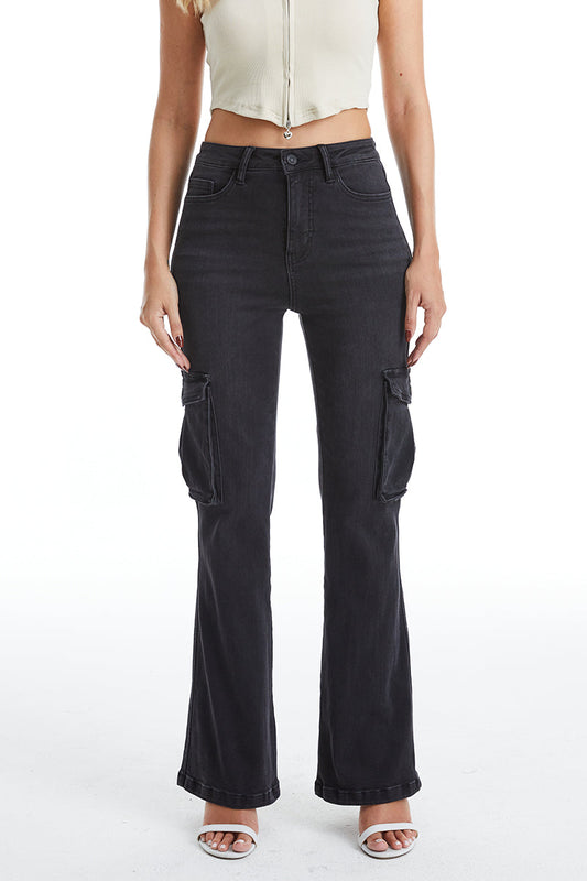 AMY HIGH RISE CARGO FLARED PANTS BYF1120 BLACK