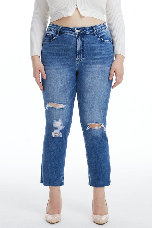 HIGH RISE SLIM STRAIGHT JEANS WITH RAW HEM BYT5169-P (BYHE073) AMY BLUE PLUS SIZE