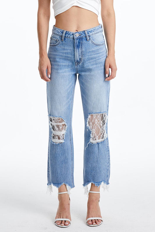 HIGH RISE CROP STRAIGHT LEG JEANS WITH LACE BYT5160 WATHET BLUE