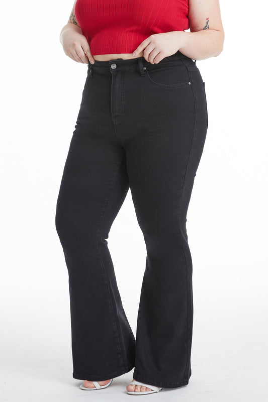 HIGH RISE FLARE JEANS WITH CRINKLE BYF1127-P (BYHE057) SOLID BLACK PLUS SIZE