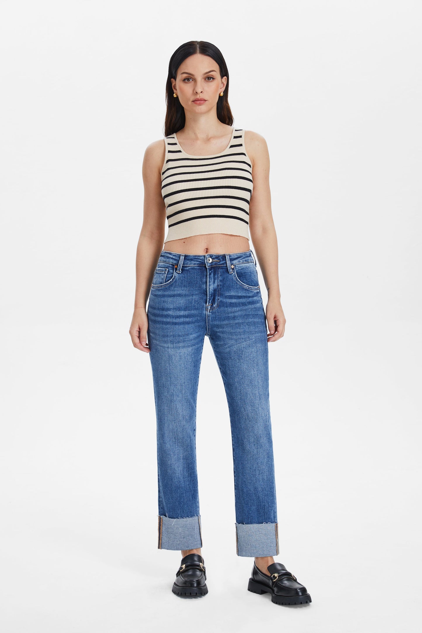 HIGH RISE STRAIGHT LEG JEANS WITH ROLLED HEM BYT5153 SURF BLUE