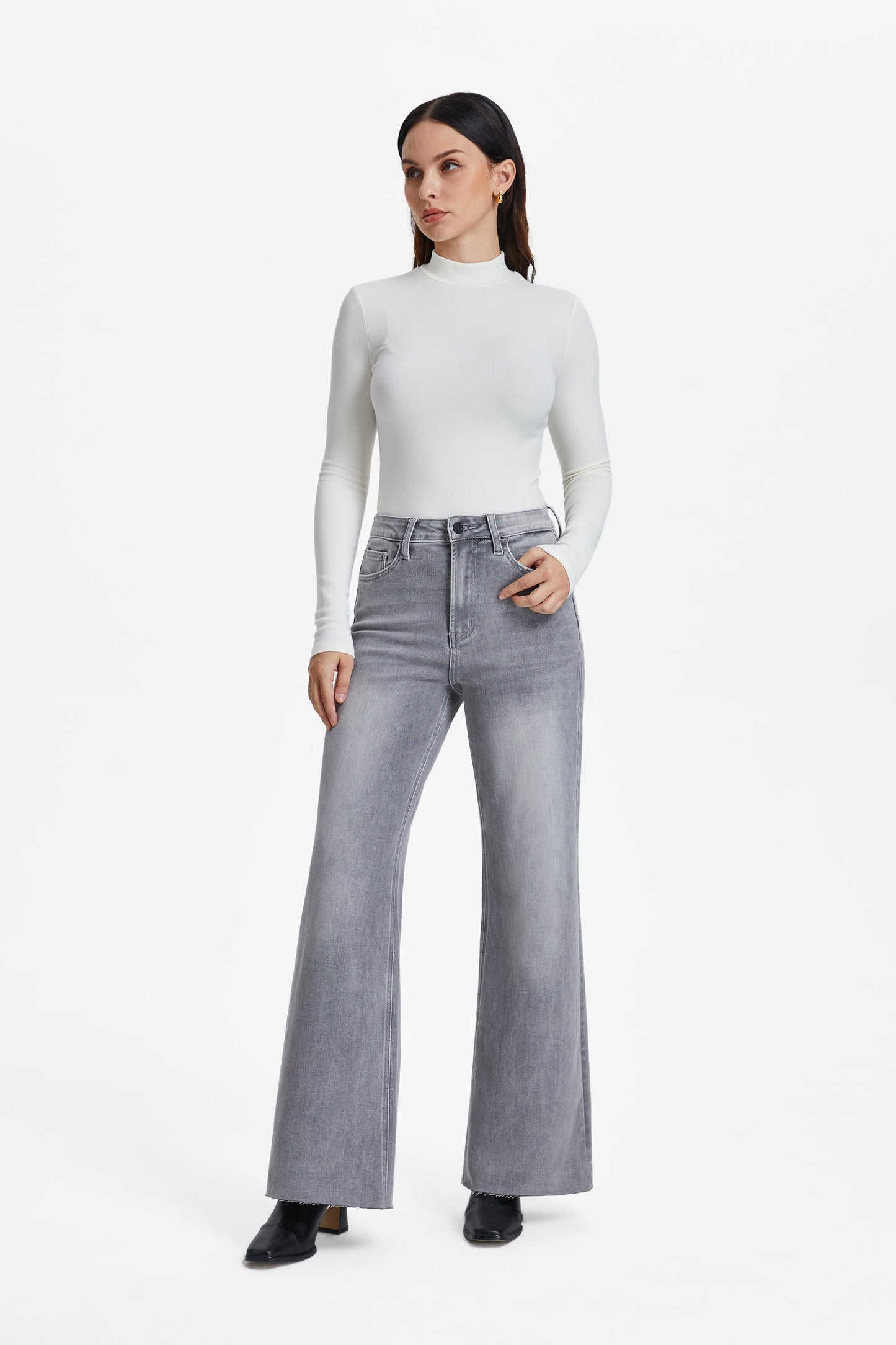 BELLA HIGH RISE WIDE LEG JEANS WITH RAW HEM BYW8101 STONE GRAY