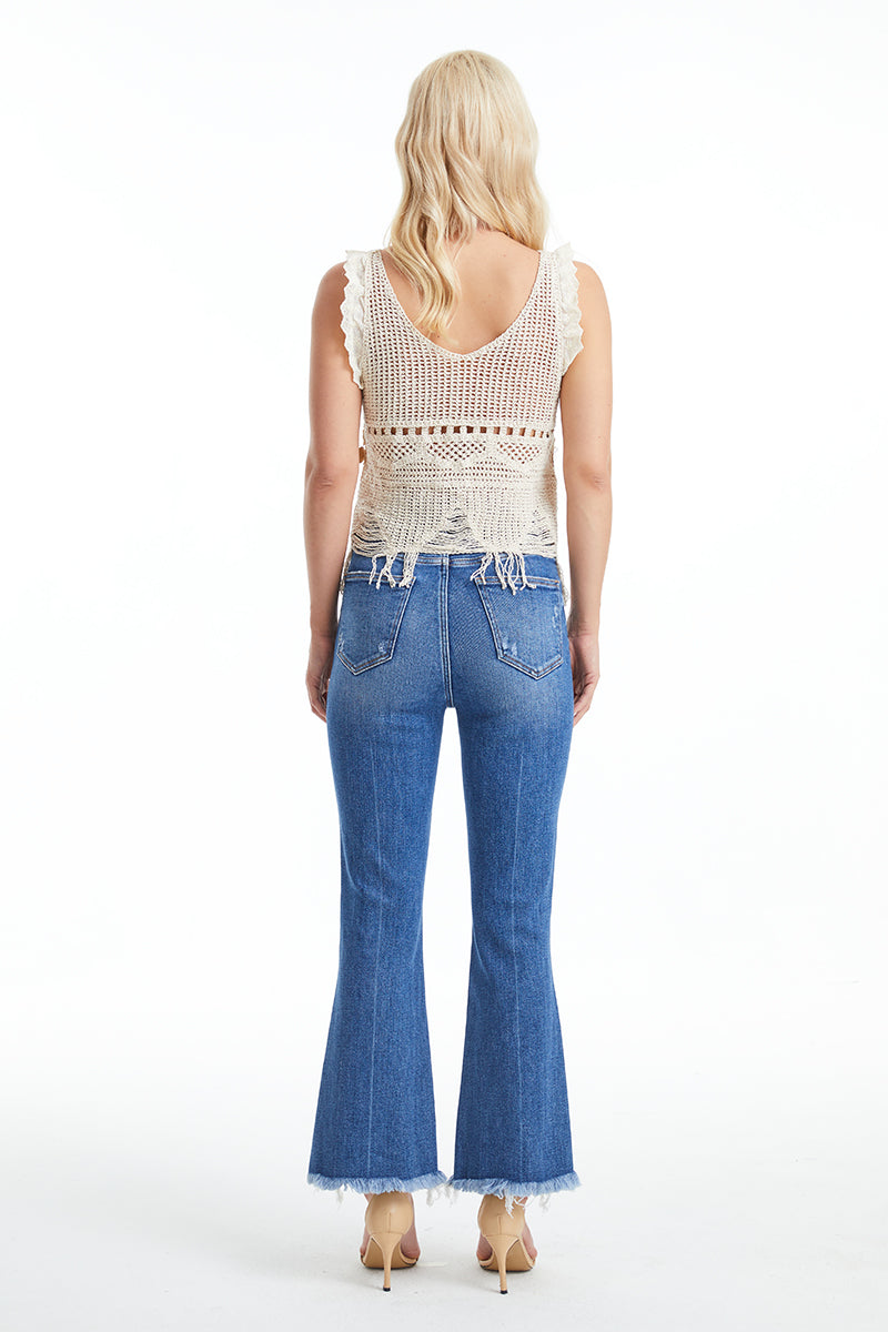 HIGH RISE FLARE JEANS WITH FRAYED HEM BYF1114 BLOVE