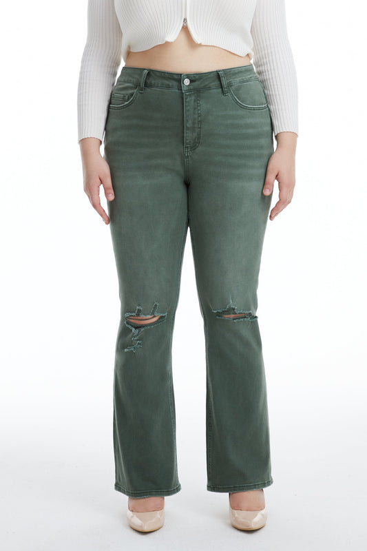 EMILY HIGH RISE DISTRESSED FLARE PANTS BYF1081-P GREEN PLUS SIZE