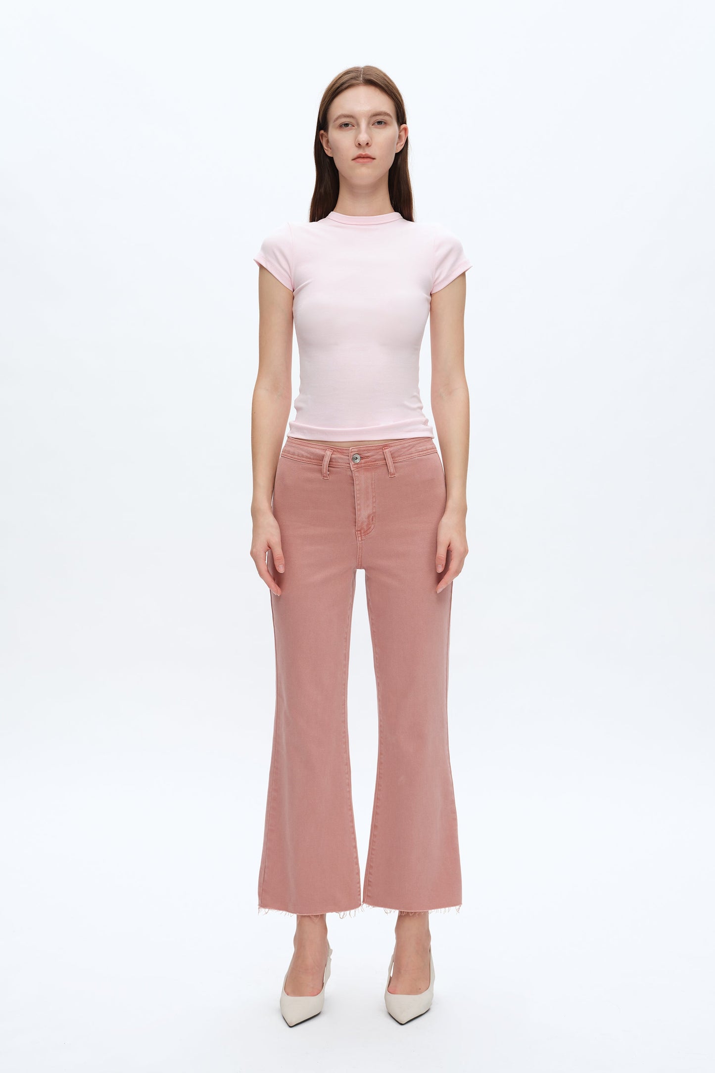 LESLIE HIGH RISE WIDE LEG JEANS WITH RAW HEM BYW8142 (BYHE112) DUSTY PINK