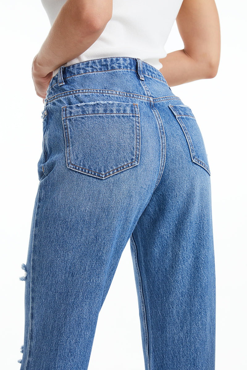 HIGH RISE DISTRESSED MOM JEANS WITH SLIT BYM3061 (BYHE040) VIVIBLUE