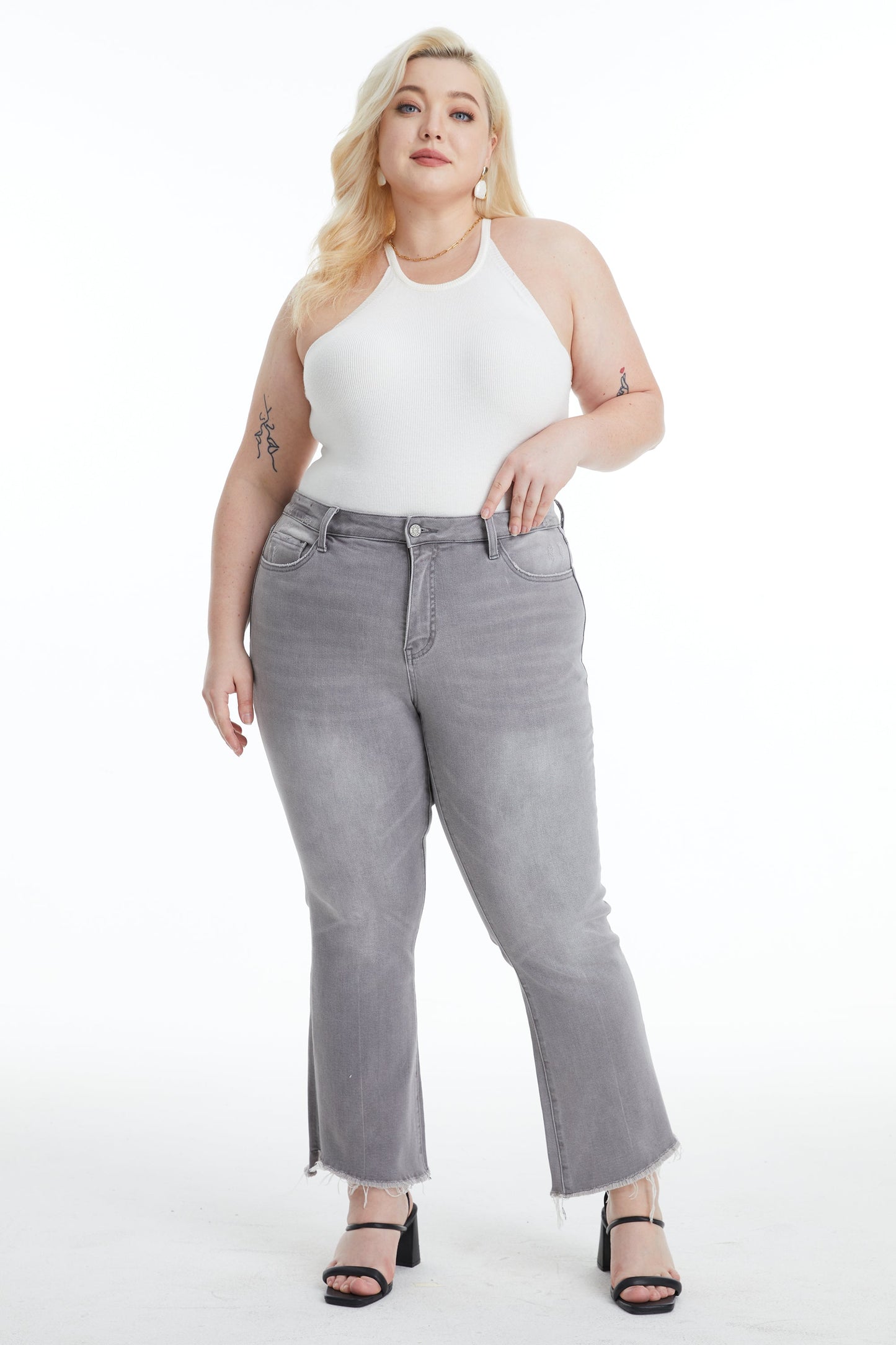 HIGH RISE STRAIGHT ANKLE JEANS WITH RAW EDGE BYT5154-P GRAY PLUS SIZE