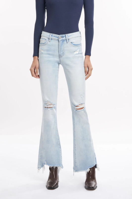 ANGELA MID RISE DISTRESSED FLARE JEANS BYF1130 BABYBLUE