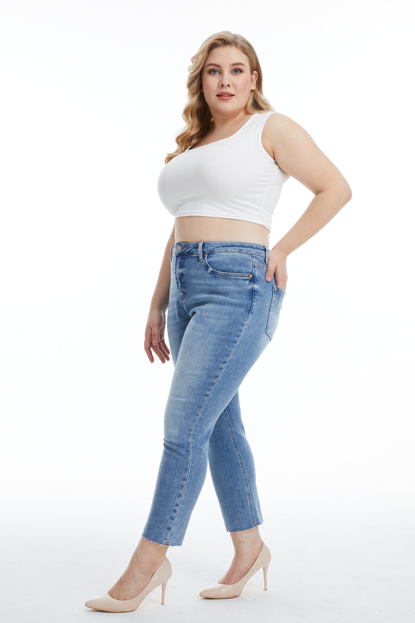 MID RISE SKINNY JEANS ANKLE RAW HEM BYS2126-P (BYHE084-P) LONELY PLUS SIZE