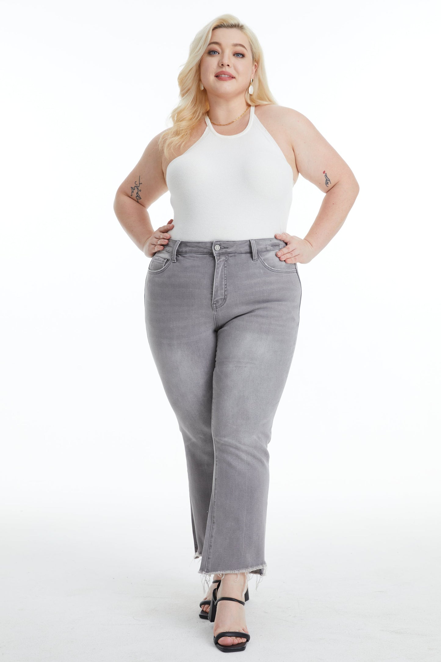 HIGH RISE STRAIGHT ANKLE JEANS WITH RAW EDGE BYT5154-P GRAY PLUS SIZE