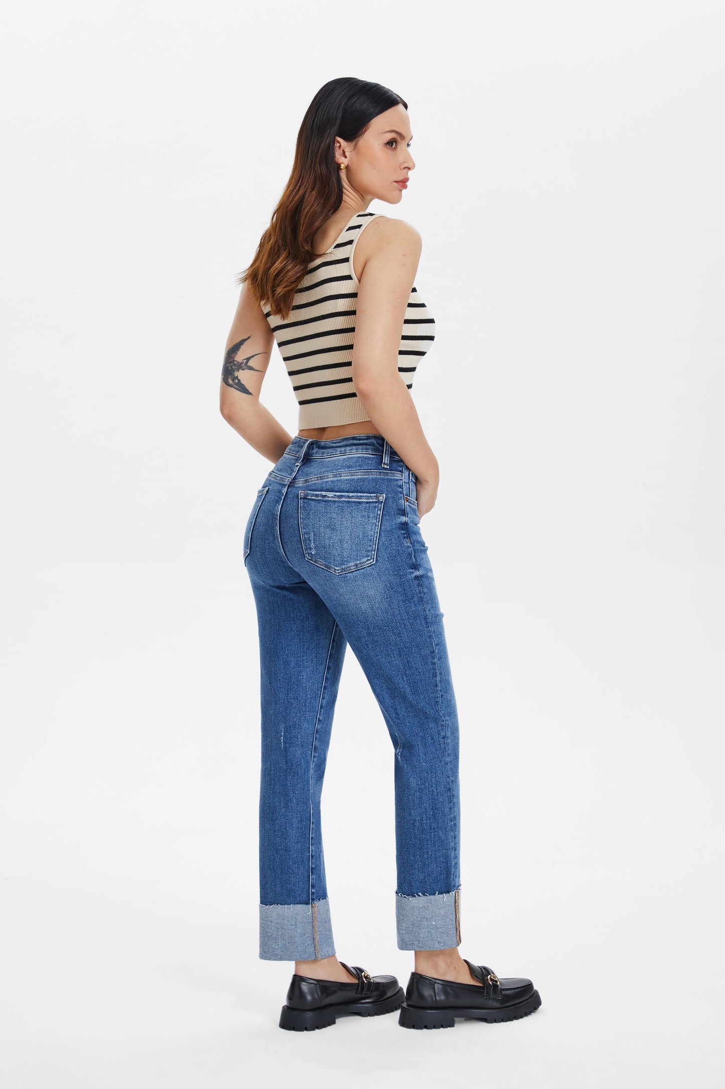 HIGH RISE STRAIGHT LEG JEANS WITH ROLLED HEM BYT5153 SURF BLUE