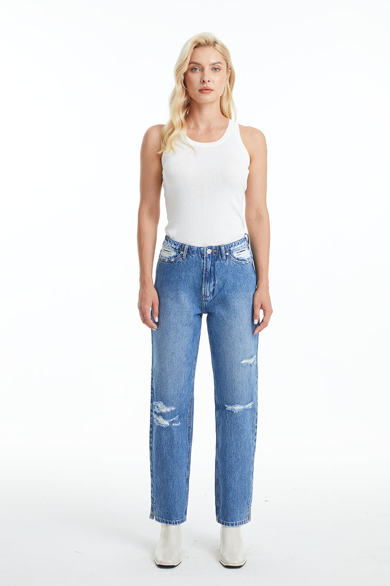 HIGH RISE DISTRESSED MOM JEANS WITH SLIT BYM3061 (BYHE040) VIVIBLUE