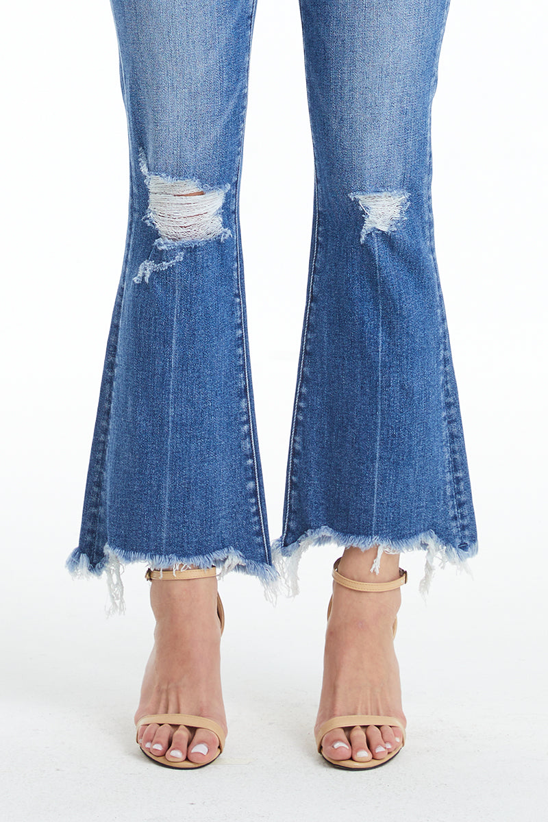 HIGH RISE FLARE JEANS WITH FRAYED HEM BYF1114 BLOVE