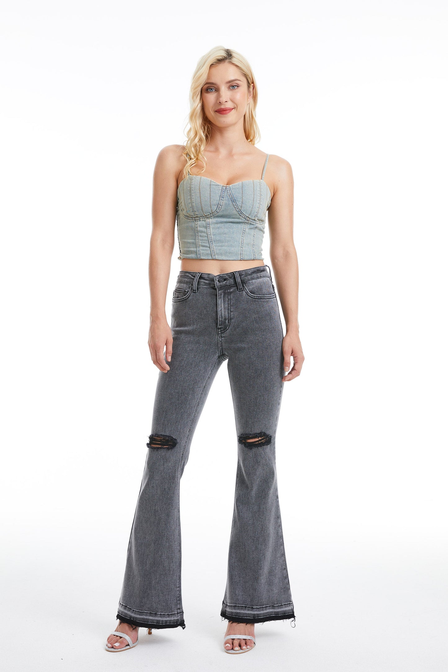 LAUREN HIGH RISE FLARE JEANS WITH RAW HEM BYF1129 (BYHE055) HEATHER GRAY