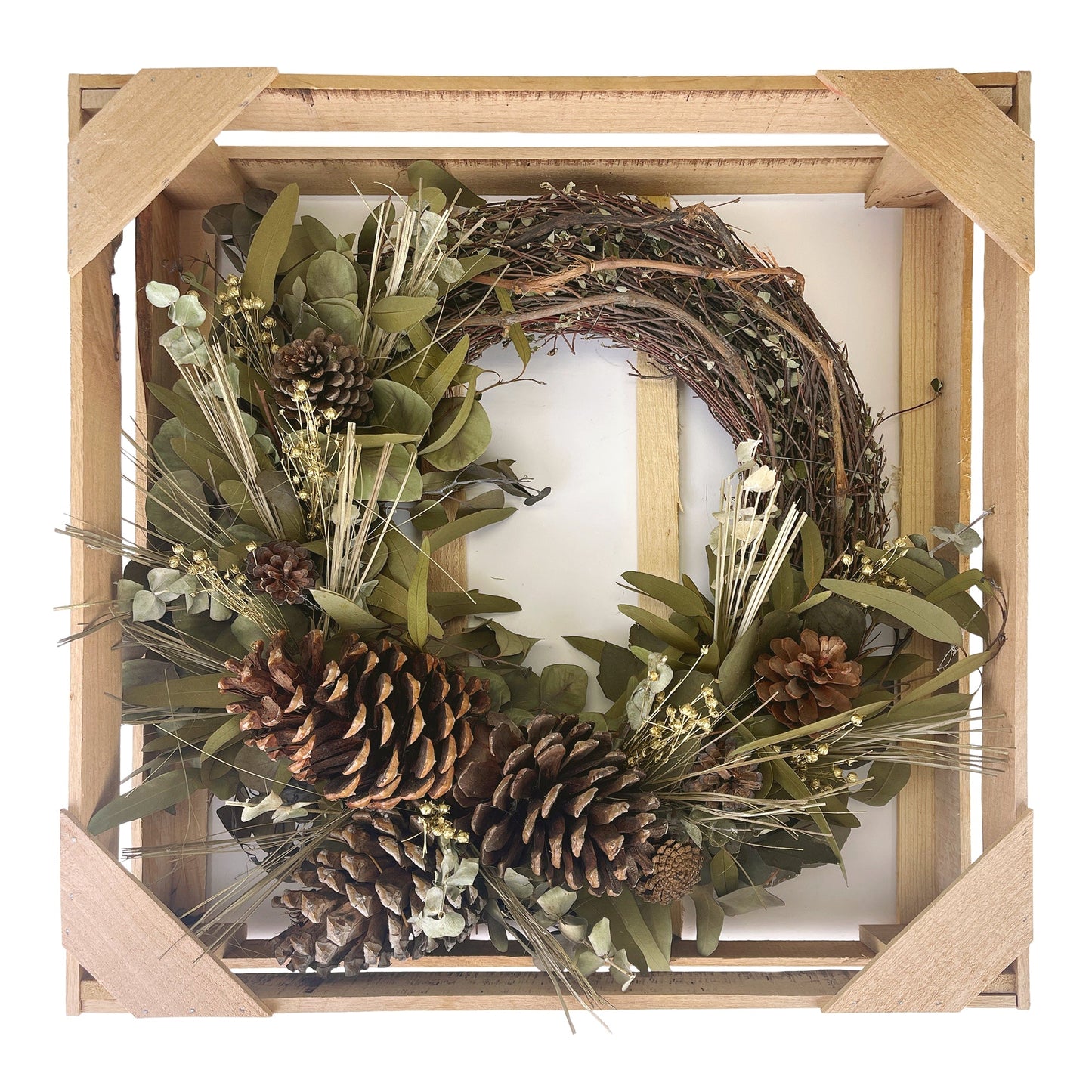 Woodland Pinecone Half Wreath in storage crate