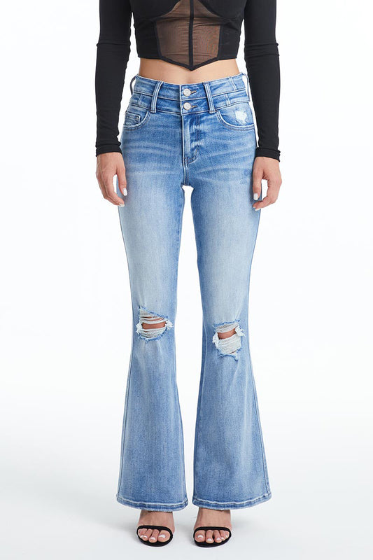 HIGH RISE DISTRESSED FLARE JEANS BYF1112 (BY4336L) SAPPHIRE