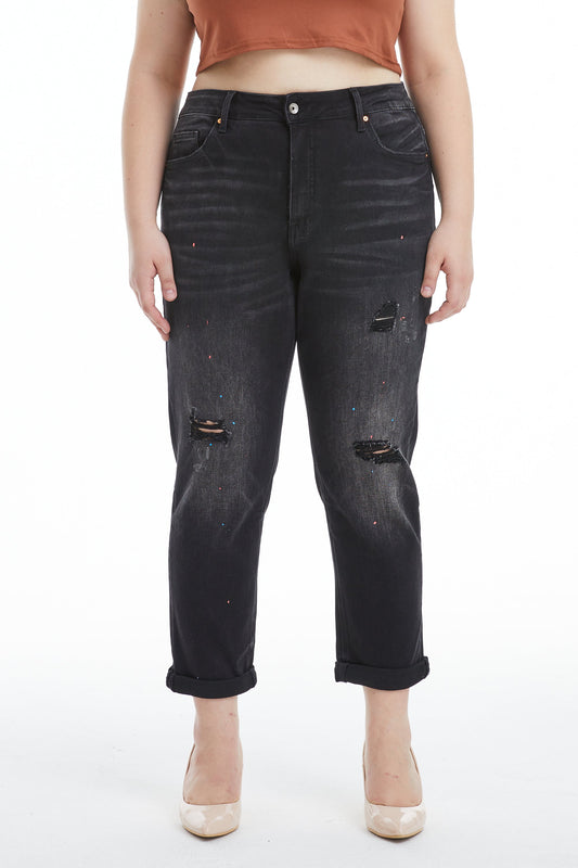 HIGH RISE PAINTED MOM JEANS BYM3054-P IRON BLACK PLUS SIZE