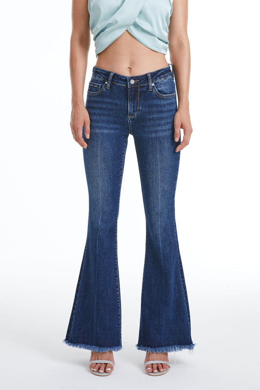 HIGH RISE FLARE JEANS WITH FRAYED HEM BYF1119 (BYHE007) DEEP SEA