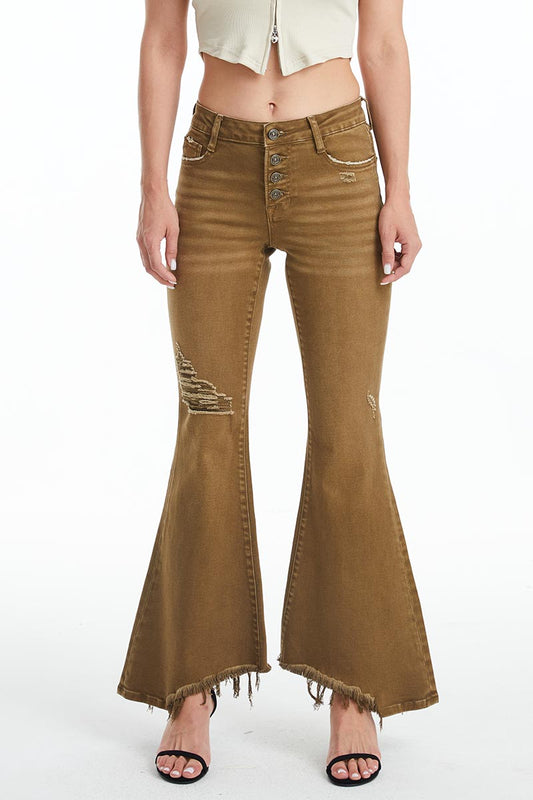 MID RISE FLARE JEANS WITH BUTTON FLY BYF1108 DARK OLIVE
