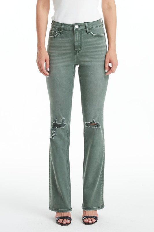 EMILY HIGH RISE DISTRESSED FLARE PANTS BYF1081 GREEN