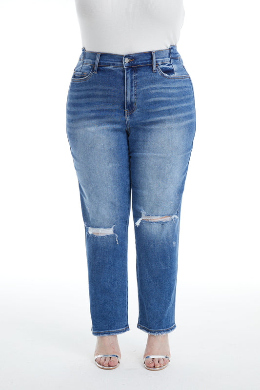 HIGH RISE CROPPED STRAIGHT JEANS BYT5164-P (BY4401A) MEDIUM BLUE PLUS SIZE