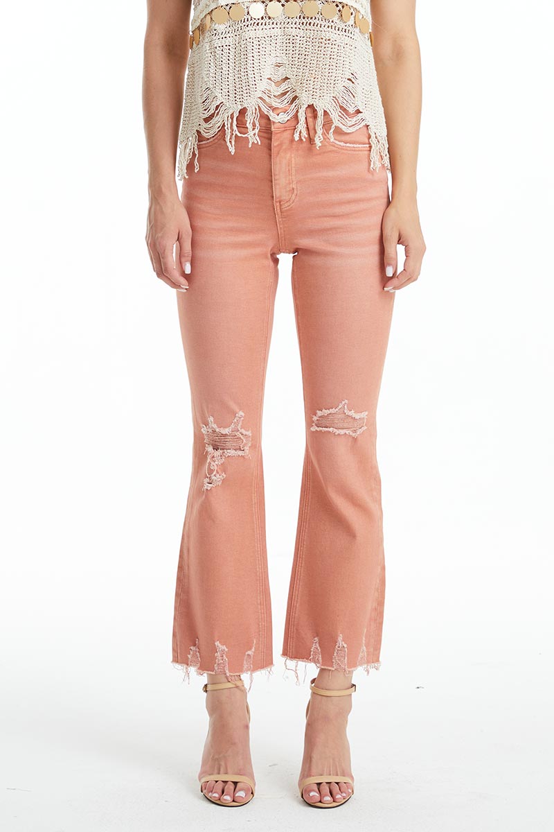 EMILY HIGH RISE DISTRESSED FLARE PANTS BYF1077 SALMON