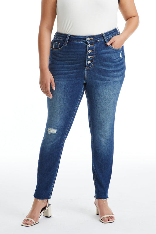 HIGH RISE BUTTON FLY SKINNY JEANS BYS2022-P DARK BLUE PLUS SIZE
