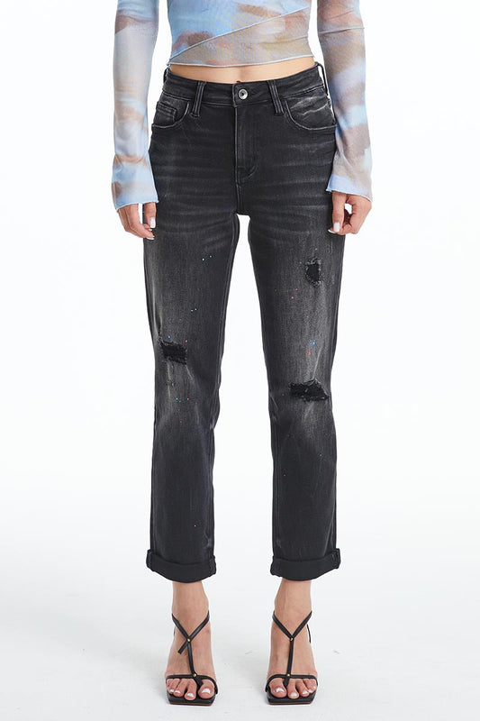 HIGH RISE PAINTED MOM JEANS BYM3054 IRON BLACK
